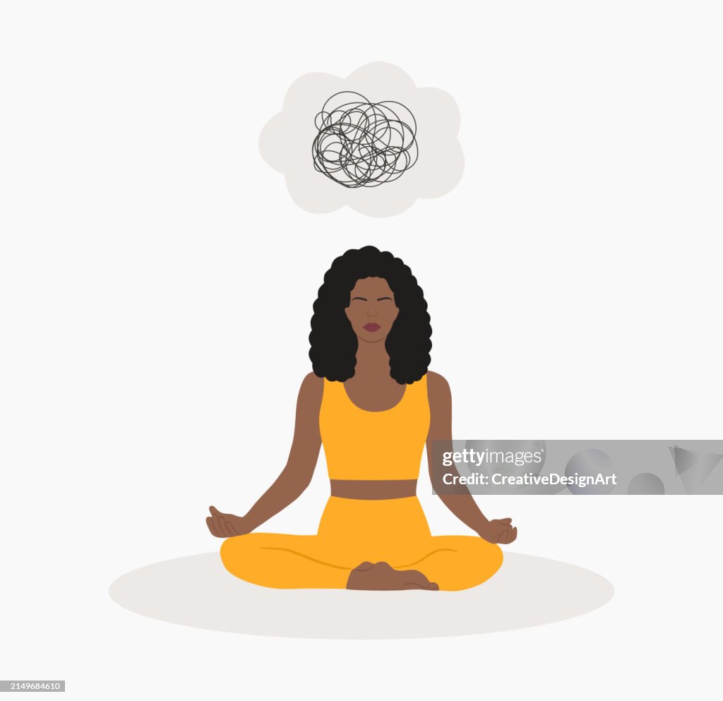 An African-American Woman With Tangled Thoughts Meditating To Reduce Anxiety. Mental Health And Stress Management Concept