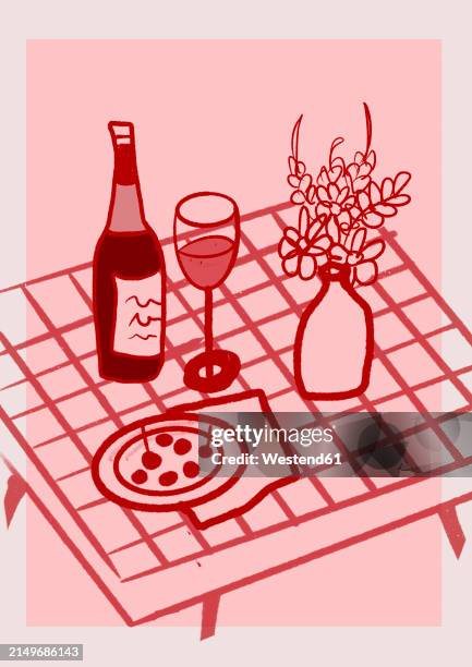 wine and flower vase on table over colored background - wineglass stock illustrations