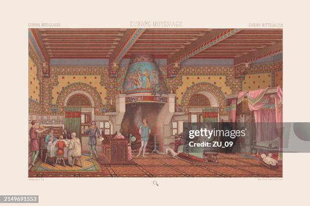 interior view of a french castle (mid-12th century), chromolithograph, 1888 - castle interior stock illustrations