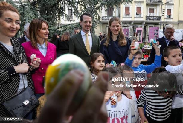 Hereditary Prince Philip of Serbia And HRH Princess Danica pose for a photo with children on April 26, 2024 in Belgrade, Serbia. The traditional...