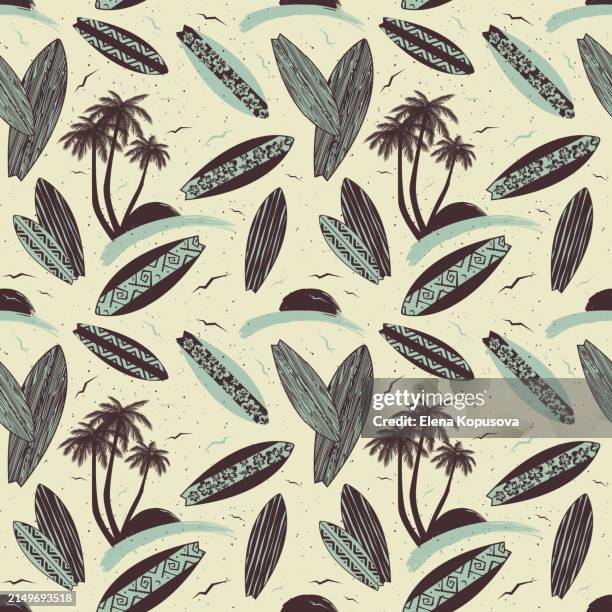 summer exotic holiday concept in modern retro style. surfboards with summer hawaiian pattern and palm trees with sunset on a colored grunge background. stylish tropical vector seamless pattern. - tiki pattern stock illustrations