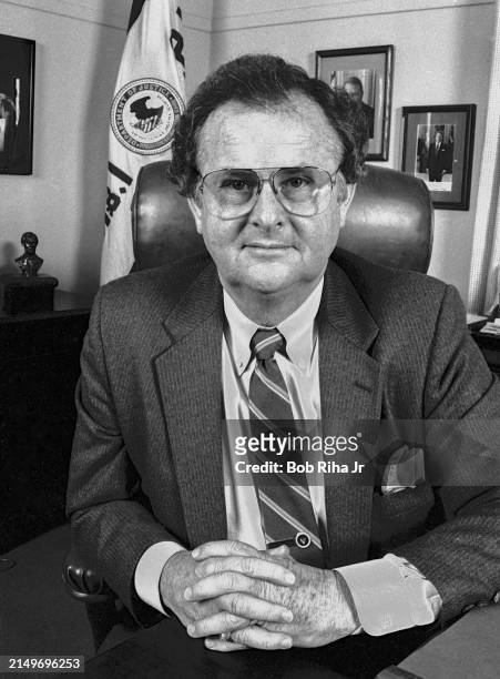 Immigration Naturalization Service Regional Commissioner Harold Ezell inside his office, February 7, 1986 at Terminal Island, near Long Beach,...
