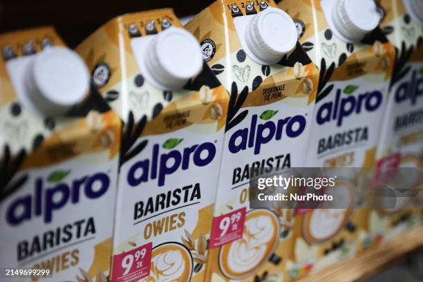 Alpro Barista milk packaging are seen at a stand in Krakow, Poland on April 26, 2024.