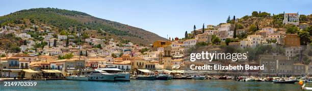 panorama of harbor at hydra greece - panoramic ocean stock pictures, royalty-free photos & images