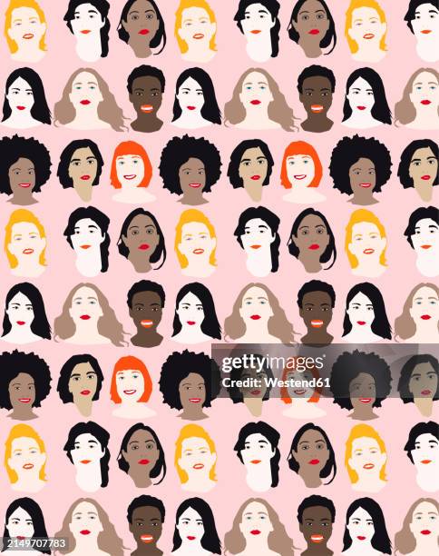 pattern of rows of female faces against pink background - frauenrechte stock-grafiken, -clipart, -cartoons und -symbole