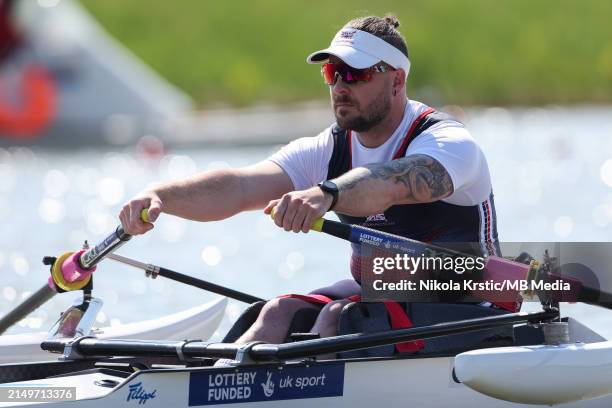 Benjamin Pritchard of Great Britain team compete in Men's Single Sculls - PR1M1x repechage race during the European Rowing Championships 2024 at...