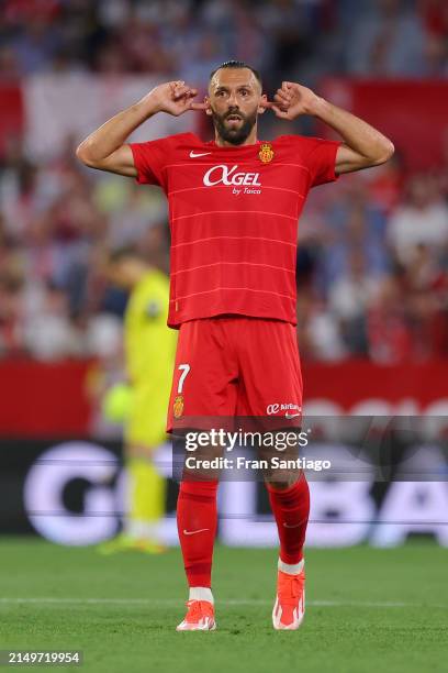 Vedat Muriqi of RCD Mallorca reacts during the LaLiga EA Sports match between Sevilla FC and RCD Mallorca at Estadio Ramon Sanchez Pizjuan on April...