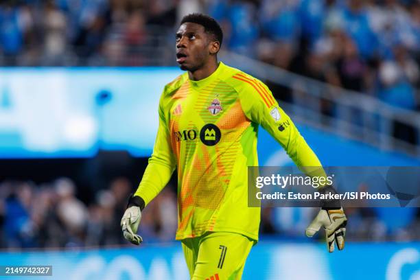 Sean Johnson of Toronto FC walks back into goal during a match between Toronto FC and Charlotte FC at Bank of America Stadium on April 13, 2024 in...