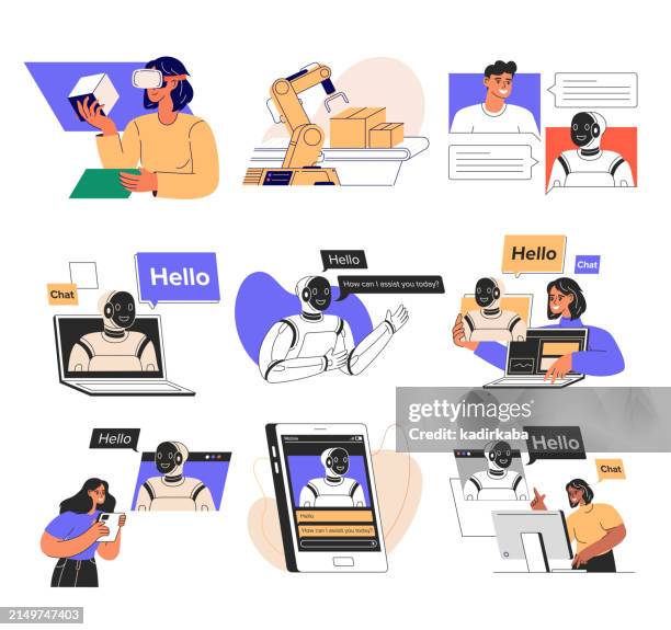 artificial intelligence concept illustration set. flat vector illustrations isolated on white background. virtual assistant, chat bot ai. - computer tech support stock illustrations