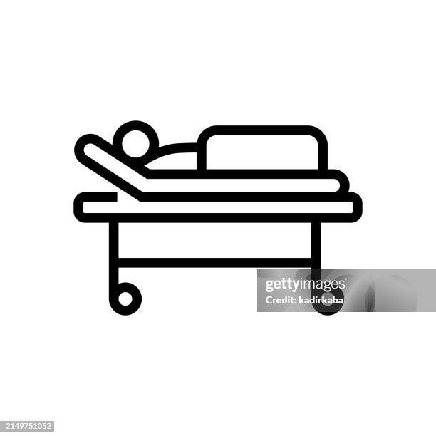 ilustraciones, imágenes clip art, dibujos animados e iconos de stock de icono de línea strecher. hospital, paciente, ambulancia, paramédicos. - camilla de ruedas de hospital