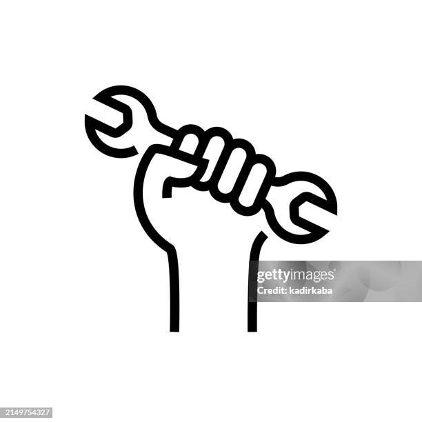 workforce line icon. working tools, wrench, hammer, handle, repairing. - hammer wrench stock illustrations