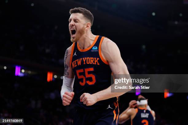 Isaiah Hartenstein of the New York Knicks reacts during the first half against the Philadelphia 76ers in Game Two of the Eastern Conference First...