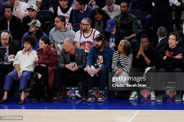 Celebrities Benny Blanco, Selena Gomez, Sting, Chris Rock, and Ben Stiller attend the game between the New York Knicks and the Philadelphia 76ers in...