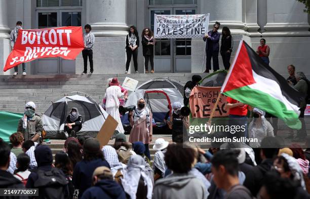 Pro-Palestinian protesters set up a tent encampment during a demonstration in front of Sproul Hall on the UC Berkeley campus on April 22, 2024 in...