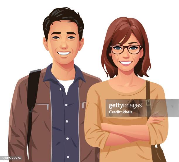 männlicher und weiblicher student - blick in die kamera stock-grafiken, -clipart, -cartoons und -symbole