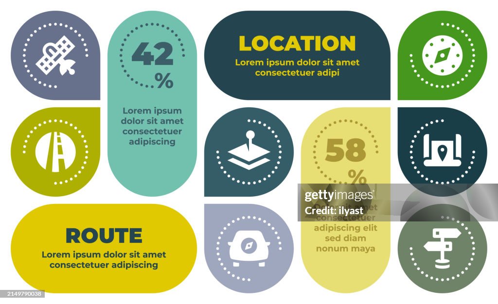 Infografik-Layout-Design mit Symbolen für Route und Standort