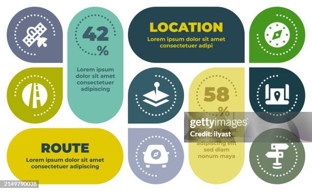 infographic layout design with icons for route & location - infographic elements stock illustrations