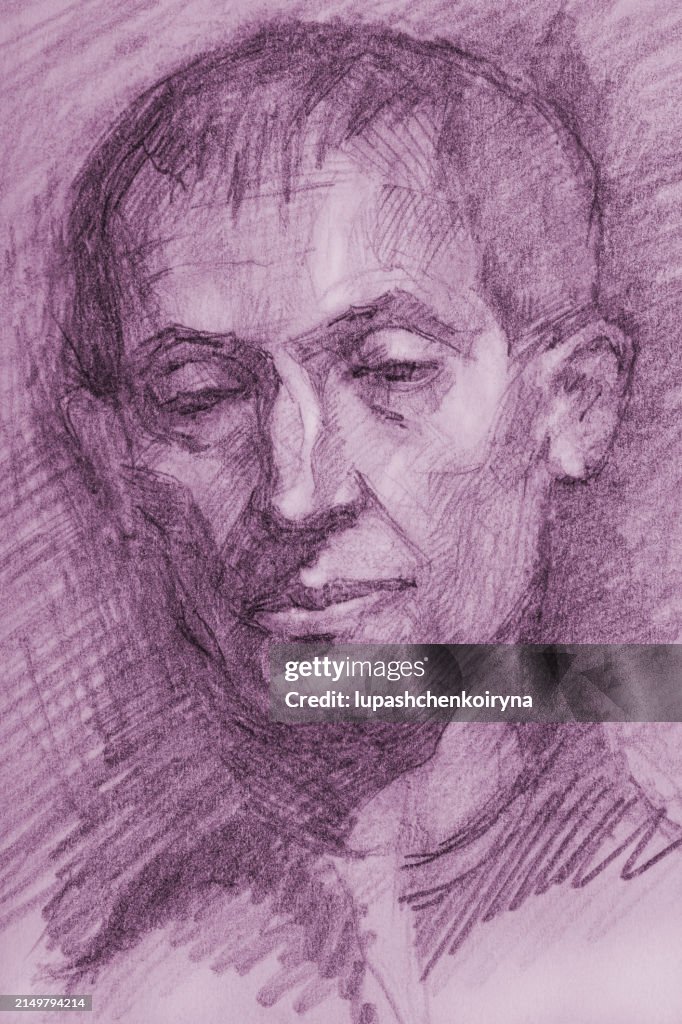 Illustration Pencil Drawing Portrait Of A Man In Purple High-Res Vector ...