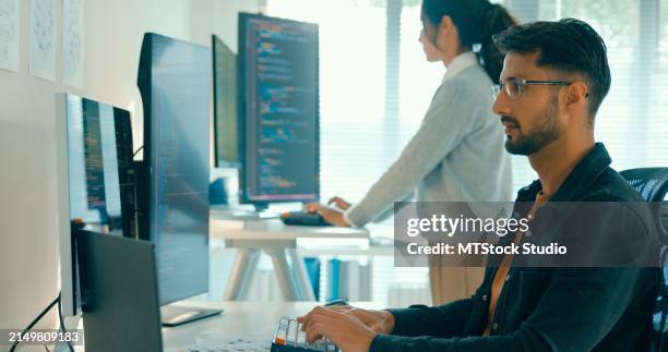 tech team professionals collaborate working together on software development in contemporary office. software developer, artificial intelligence and programming. - computer equipment stock pictures, royalty-free photos & images