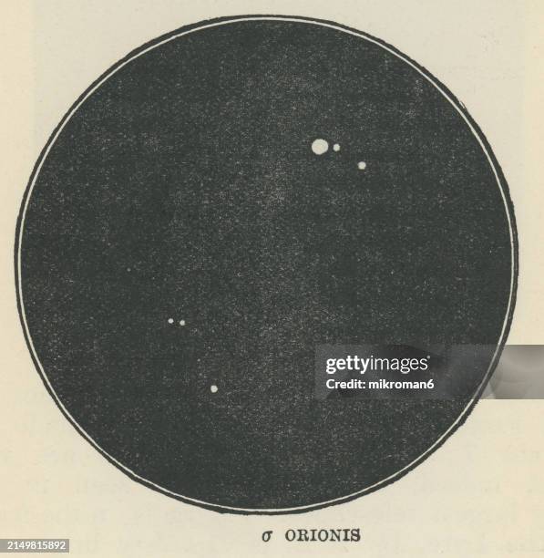old engraved illustration of astronomy - sigma orionis or sigma ori, a multiple star system in the constellation orion, consisting of the brightest members of a young open cluster - andromeda galaxy stock pictures, royalty-free photos & images