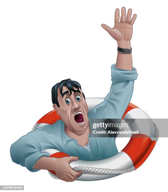 drowning man in stormy sea with lifebuoy - buoy stock illustrations