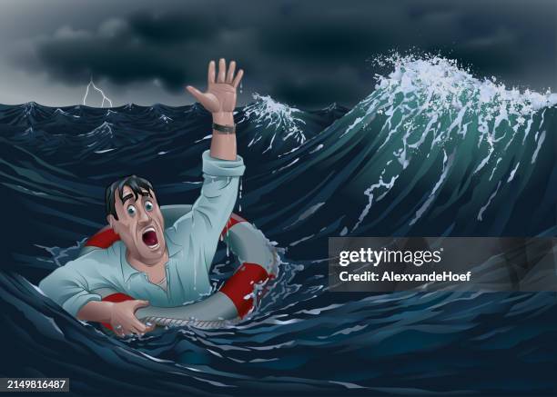 drowning man in stormy sea with lifebuoy at night - buoy stock illustrations