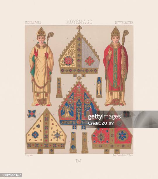 european middle ages: bishop costumes, 14th century, chromolithograph, published 1888 - shawl stock illustrations