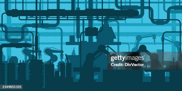 große produktionslinie mit vektorillustration für industrieroboterarme - kommerzielle herstellung stock-grafiken, -clipart, -cartoons und -symbole