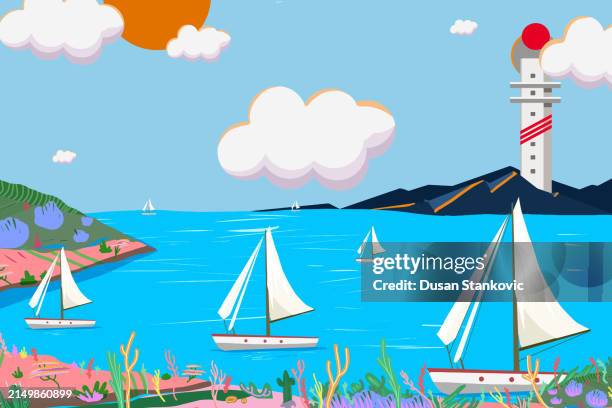 lighthouse on the island to guide the ships - lighthouse waves stock illustrations