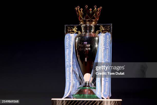 Detailed view of the Premier League trophy during the Premier League Hall of Fame 2024 Inductions event at HERE at Outernet on April 23, 2024 in...