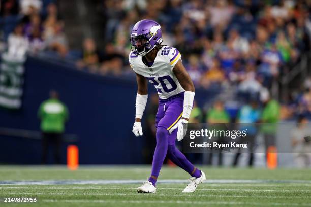 Jay Ward of the Minnesota Vikings defends in coverage during an NFL preseason football game against the Seattle Seahawks at Lumen Field on August 10,...