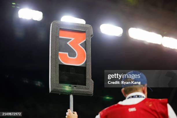 Detail view of the third down marker during an NFL preseason football game between the Seattle Seahawks and the Minnesota Vikings at Lumen Field on...