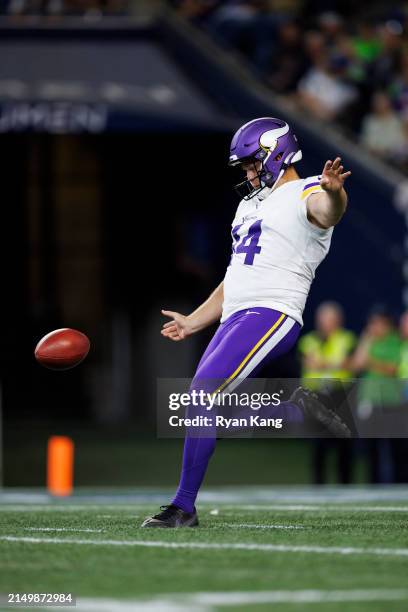 Ryan Wright of the Minnesota Vikings kicks the ball during an NFL preseason football game against the Seattle Seahawks at Lumen Field on August 10,...