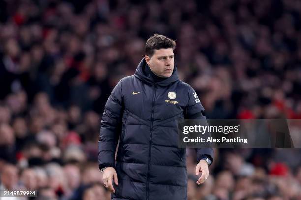 Mauricio Pochettino, Manager of Chelsea, looks on during the Premier League match between Arsenal FC and Chelsea FC at Emirates Stadium on April 23,...