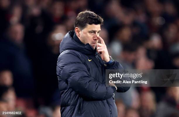 Mauricio Pochettino, Manager of Chelsea, looks dejected during the Premier League match between Arsenal FC and Chelsea FC at Emirates Stadium on...