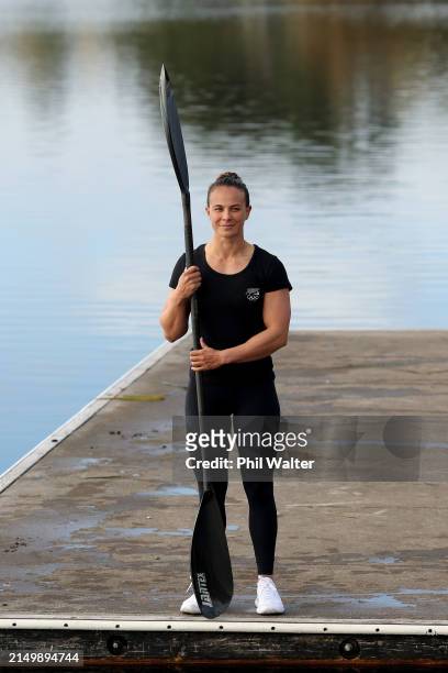 Dame Lisa Carrington poses during a Paris 2024 Canoe Sprint Women Selection Announcement at Lake Pupuke on April 24, 2024 in Auckland, New Zealand.