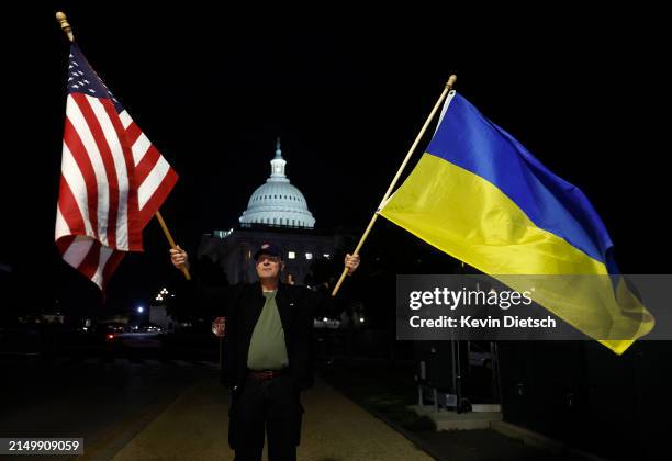 Supporters of Ukraine rally outside the U.S. Capitol after the Senate passed a foreign aid bill on April 23, 2024 in Washington, DC. The Senate...