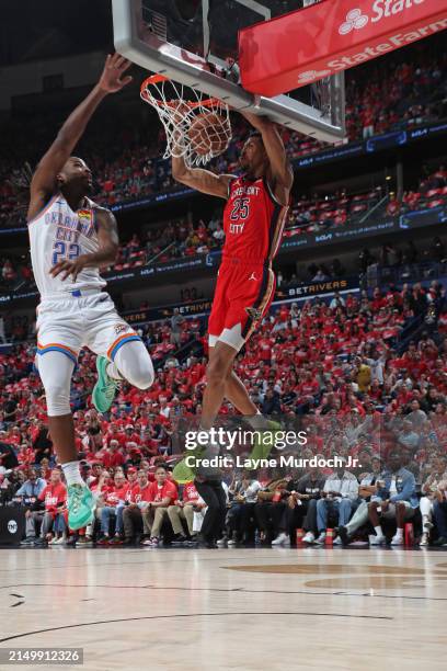 Trey Murphy III of the New Orleans Pelicans dunks the ball during the game against the Oklahoma City Thunder during Round 1 Game 3 of the 2024 NBA...