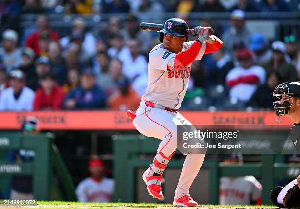 Enmanuel Valdez of the Boston Red Sox in action during the game against the Pittsburgh Pirates at PNC Park on April 20, 2024 in Pittsburgh,...