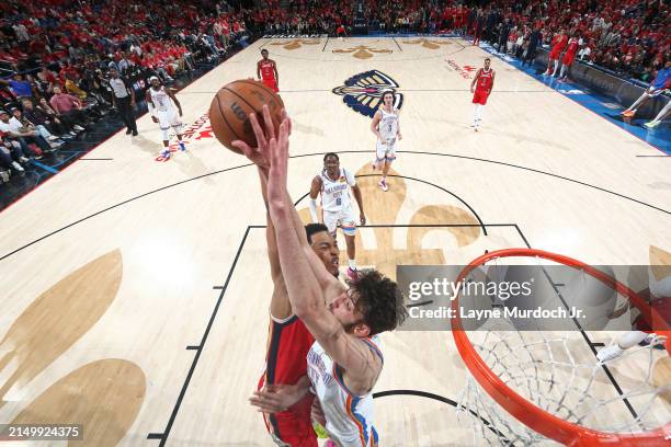 Chet Holmgren of the Oklahoma City Thunder block during the game against the New Orleans Pelicans during Round 1 Game 3 of the 2024 NBA Playoffs on...