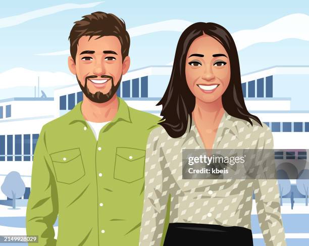 junger mann und frau vor einem gebäude - student campus university cartoon stock-grafiken, -clipart, -cartoons und -symbole