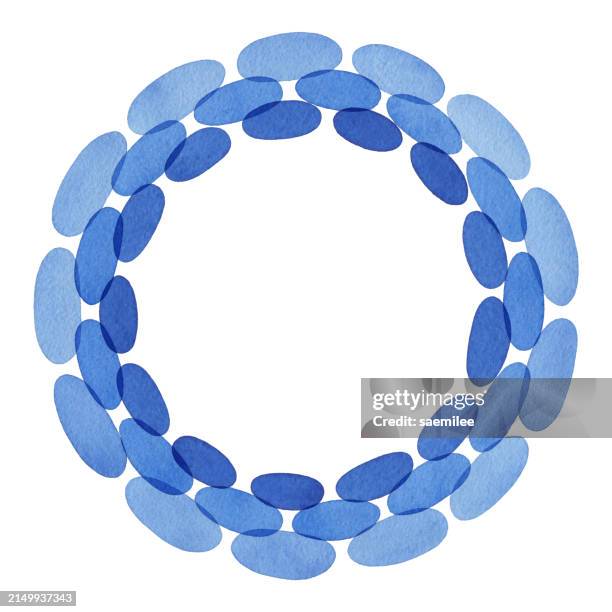 watercolor circle frame with blue ellipses - pebbles white background stock illustrations