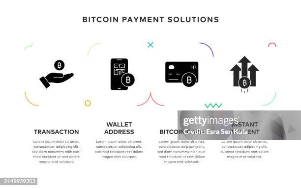 bitcoin payment solutions concept 4 steps infographic design with solid icons - crypto token stock illustrations