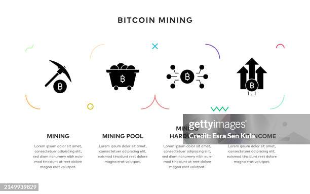 bitcoin mining concept 4 steps infographic design with solid icons - network token stock illustrations