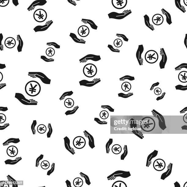 yen coin between hands. seamless pattern. icons on white background - in between stock illustrations