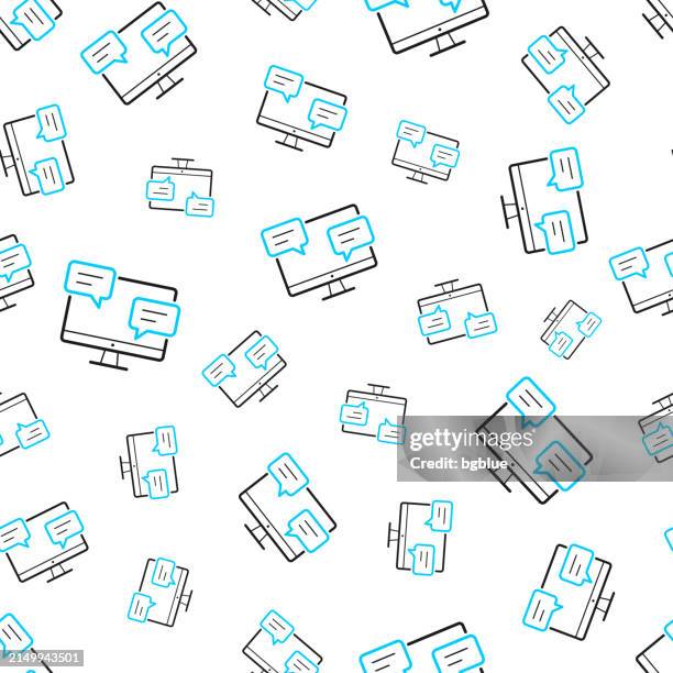 desktop computer with chat bubbles. seamless pattern. line icons on white background - desktop screen background stock illustrations