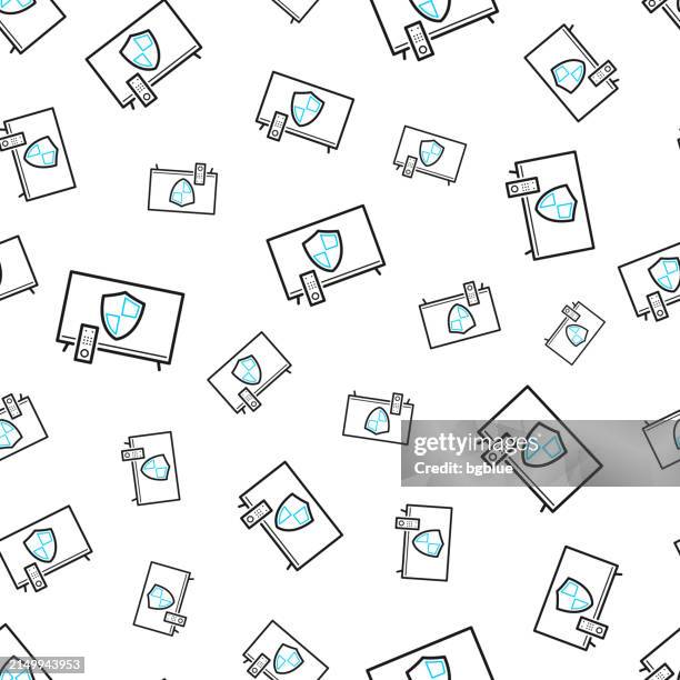 tv with shield. seamless pattern. line icons on white background - gesture remote control stock illustrations