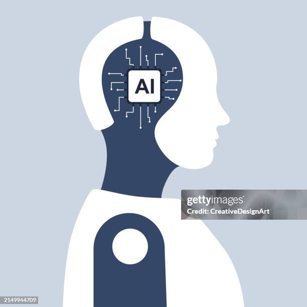 ai sign on computer circuit in robot head. artificial intelligence, deep learning and robotics concept - learning computer programming stock illustrations