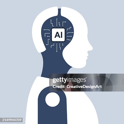 AI Sign On Computer Circuit In Robot Head. Artificial Intelligence, Deep Learning And Robotics Concept AI Sign On Computer Circuit In Robot Head. Artificial Intelligence, Deep Learning And Robotics Concept