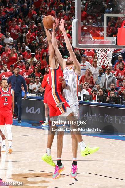 Chet Holmgren of the Oklahoma City Thunder block during the game against the New Orleans Pelicans during Round 1 Game 3 of the 2024 NBA Playoffs on...